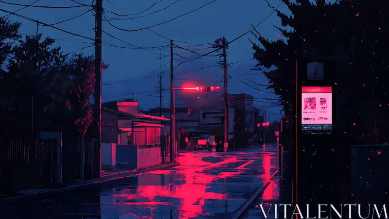 Neon rainwater braids quiet city streets into glowing rivers
