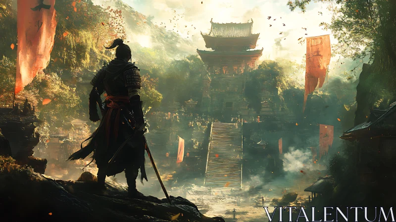 Armored figure surveys terraced temple complex in valley