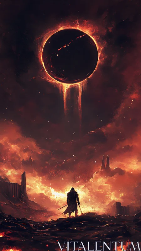 Lone warrior beneath a bleeding eclipse in burning skies.