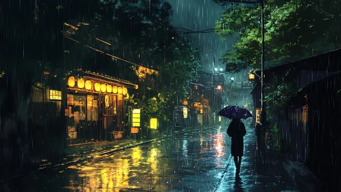 Nocturnal rain corridor with reflective neon wet-street optics.