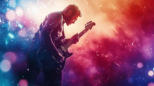 Guitarist silhouette against multicolor abstract light field.