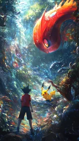 Trainer and electric creature confront giant spirit fish