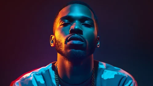 Male portrait in blue and orange studio gel lighting setup.