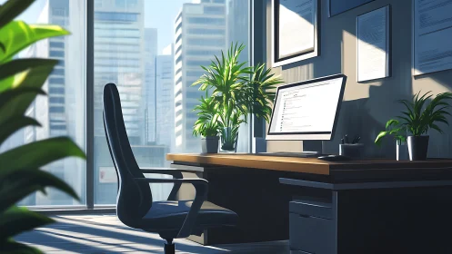 High-rise office workspace with cityscape view and integrated plant placement.