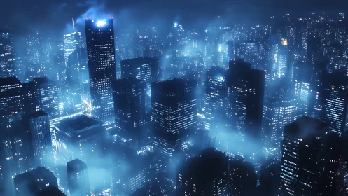 Nocturnal megacity skyline with volumetric fog and neon haze