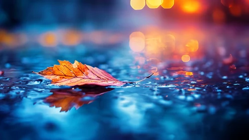Glowing autumn leaf drifts gently across a rainlit street