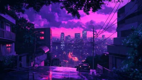 Neon dusk city street overlooking distant skyline.
