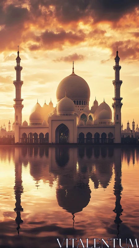 Sunlit mosque domes mirror across glowing reflective water.