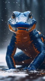 Blue and orange reptilian creature in snowy outdoor setting.