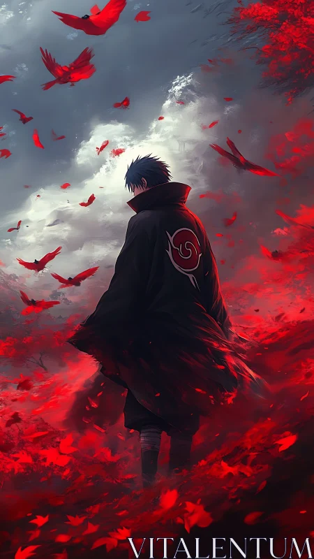 Solitary warrior walks through storm of crimson crows