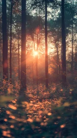 Golden Sunrise Through Forest Canopy with Volumetric Light.