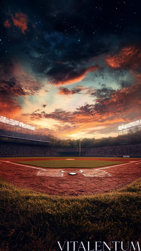 Baseball field in stadium viewed from home plate at dusk