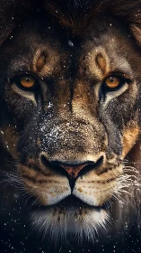 Snow-dusted lion gaze burning through winter silence.