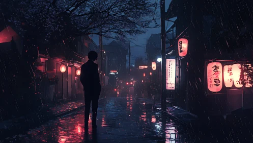 Silhouetted figure walks rainy neon alley in moody digital study
