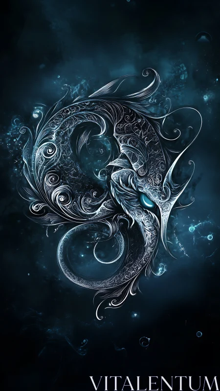 Intricate silver dragon curls in a glowing teal void