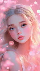 Soft pink digital portrait of girl with blue eyes and glow.