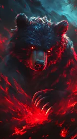 Infernal spirit bear charges through blazing crimson fire.