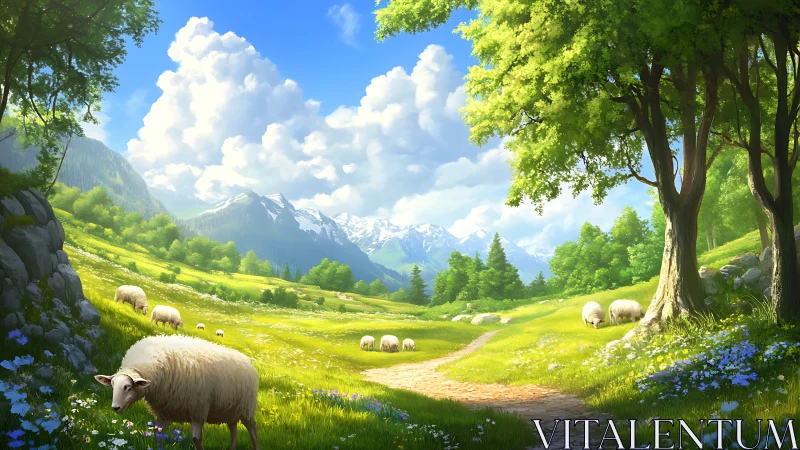 Sunlit alpine meadow with grazing sheep and distant peaks.