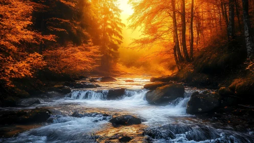 Autumn forest river with rocks under intense orange backlight.