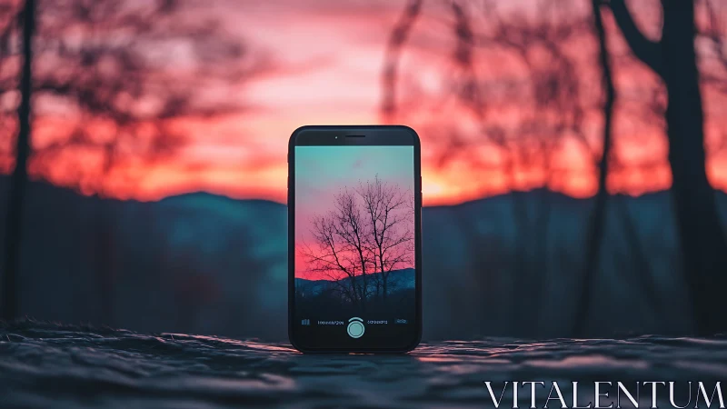 Smartphone frames silhouetted tree against vivid sunset horizon