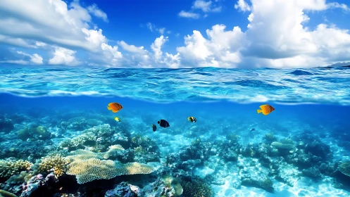 Coral reef seascape with shallow tropical fish and clouds.
