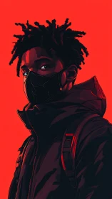 Masked urban portrait on vivid red background, vector stylized