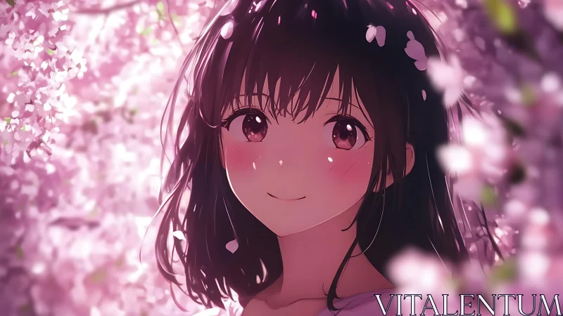 Anime girl portrait framed by dense pink cherry blossoms.