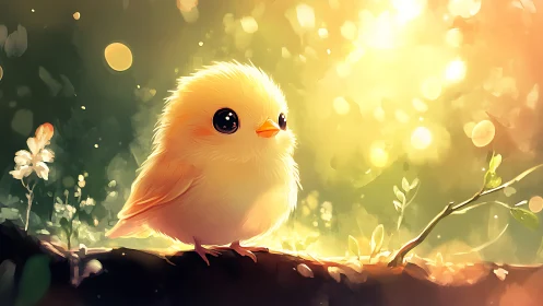 Fluffy baby bird in dreamy sunlight, digital painting style.