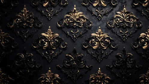 Baroque floral ornaments gleam over dark textured background.