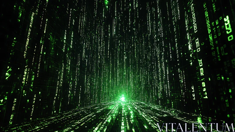 Green digital code tunnel with glowing data lines display.