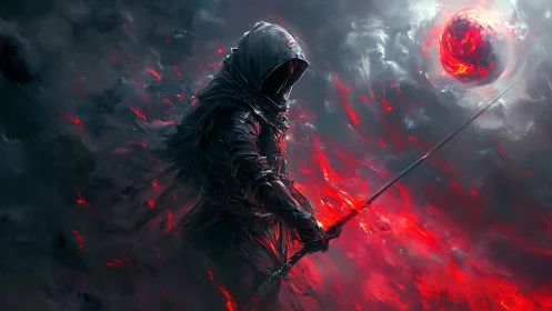 Hooded warrior with sword beside burning red orb.