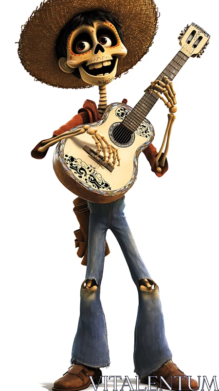 Joyful skeleton guitarist shares a lively, music-filled smile