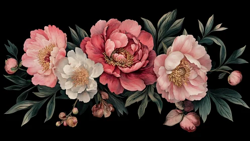 Botanical Peony Arrangement on Dark Background.