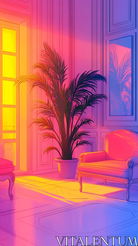 Neon sunset light over palm and armchair in ornate salon.