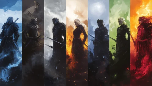 Elemental guardians lined in flame and shadowed color bands.