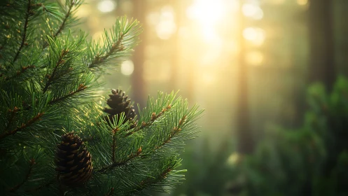Sunlit conifer branches with pinecones: luminous bokeh forest scene.