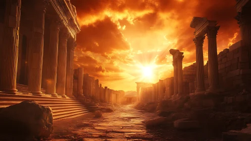 Sunlit colonnaded ruins under dramatic incandescent sky