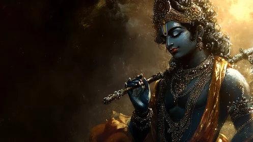 Divine blue-skinned deity rendered in high-contrast digital chiaroscuro