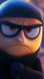 Grumpy cartoon burglar with a secretly soft heart.