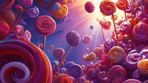 3D rendered candy landscape with spiral lollipops and glowing sky