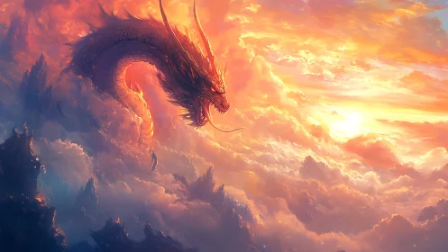 Skyfire dragon greeting dawn above glowing cloud peaks.