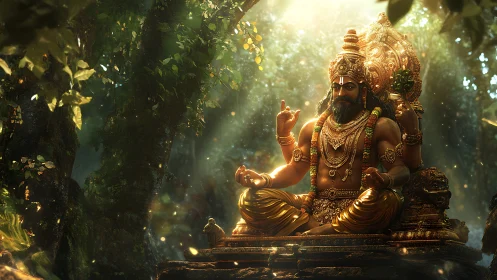 Digital rendering shows seated deity statue in dense forest