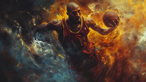 Fiery basketball player drives through swirling cosmic energy