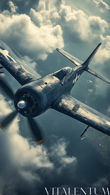 World War II fighter aircraft cutting through cloud cover.