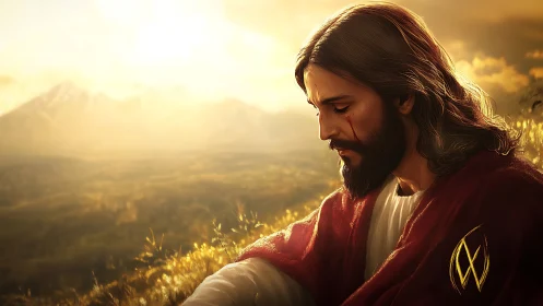 Figure in red robe sits in sunlit landscape at golden hour