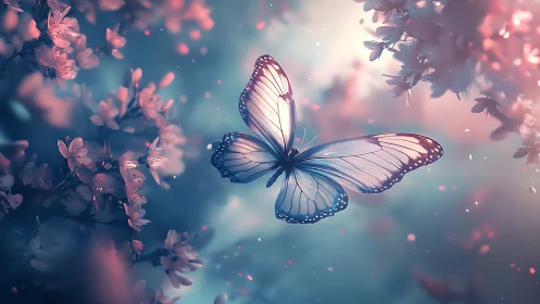 Butterfly with translucent wings moves between soft blossoms