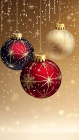 Three suspended Christmas ornaments display radial gold motifs