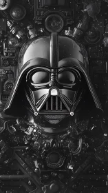 Black sci fi helmet with mechanical background in close view.