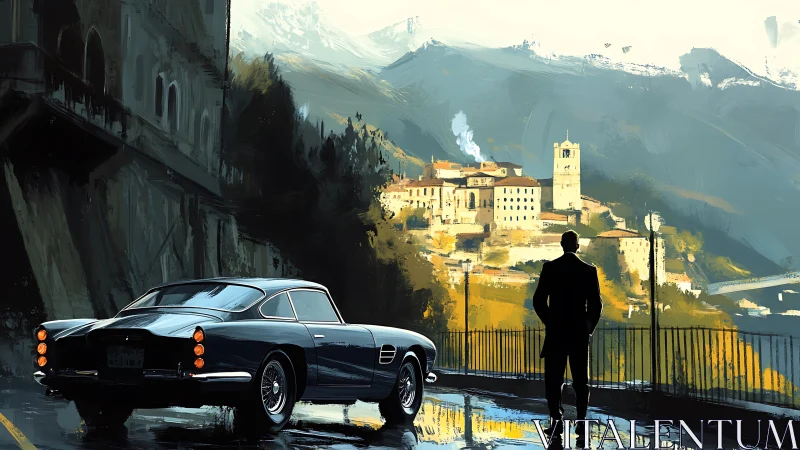 Midnight coupe overlooks sunlit hillside citadel town