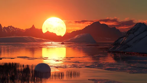 Digital painting of polar sunset with luminous glacial horizon.